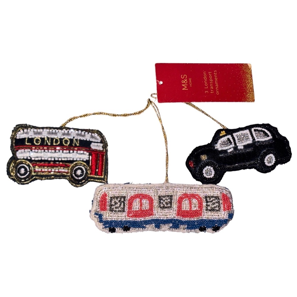 NEW Marks & Spencer London Transport Beaded Christmas Ornament Set‎ 3pc